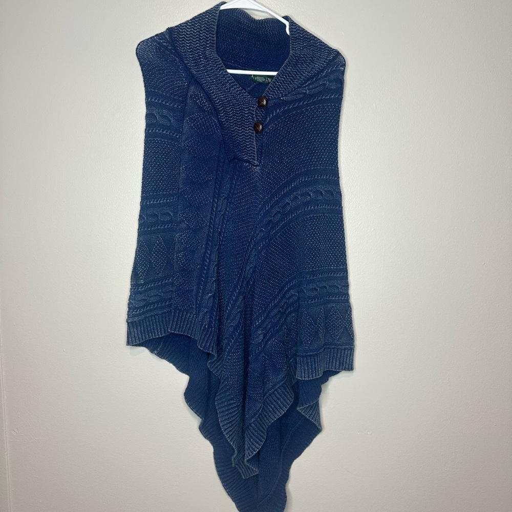 Lauren Ralph Lauren Navy Knit Poncho with Button and Hints of Beige One Size